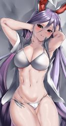 Rule 34 | 1girl, absurdres, animal ears, armpit crease, arms up, blush, bra, breasts, cleavage, collarbone, collared shirt, commentary, hair between eyes, highres, large breasts, light purple hair, long hair, looking at viewer, lying, mizuga, muscular, muscular female, navel, on back, on bed, open clothes, open shirt, panties, rabbit ears, reisen udongein inaba, shirt, short sleeves, smile, solo, stomach, symbol-only commentary, thick thighs, thighs, toned, touhou, underwear, white bra, white panties, white shirt, wing collar