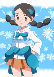 Rule 34 | 1girl, black hair, blush, brown eyes, brown skirt, candice (pokemon), closed mouth, clothes around waist, collared shirt, commentary request, creatures (company), eyelashes, game freak, hair ornament, hairclip, highres, kyanos (b 0000ff), long hair, miniskirt, multi-tied hair, nintendo, pokemon, pokemon dppt, shirt, skirt, smile, snowflakes, solo, split mouth, standing, sweater, sweater around waist, twintails, white shirt