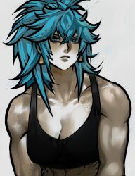 Rule 34 | 1girl, abs, absurdres, bare shoulders, biceps, blue eyes, blue hair, breasts, cleavage, crop top, earrings, highres, jewelry, large breasts, leona heidern, long hair, looking at viewer, midriff, muscular, muscular female, navel, ponytail, solo, tank top, the king of fighters, triangle earrings, zolapunch