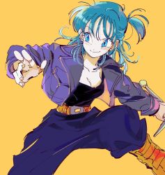 Rule 34 | 1girl, belt, black shirt, blue eyes, blue hair, boots, bulma, cosplay, dragon ball, dragon ball (classic), dragonball z, fighting stance, fingernails, floating hair, grin, jacket, looking away, open clothes, open jacket, orange background, pants, shirt, side ponytail, simple background, smile, solo, spread legs, sujin, sword, trunks (dragon ball), trunks (dragon ball) (cosplay), trunks (future) (dragon ball), weapon