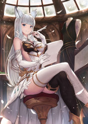 Rule 34 | 1girl, animal ears, asymmetrical legwear, bare shoulders, black dress, black thighhighs, blue eyes, blunt bangs, blush, breasts, crossed legs, dress, elbow gloves, erune, feathers, gloves, granblue fantasy, holding, indoors, korwa, large breasts, long hair, looking at viewer, mannequin, mismatched legwear, pak ce, parted lips, quill, showgirl skirt, silver hair, sitting, sleeveless, sleeveless dress, smile, solo, stool, thighhighs, very long hair, white feathers, white gloves, white thighhighs