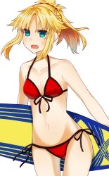 Rule 34 | 1girl, bikini, blonde hair, blush, breasts, cleavage, cowboy shot, fang, fate/apocrypha, fate/grand order, fate (series), front-tie top, green eyes, groin, mordred (fate), mordred (fate) (all), mordred (fate/apocrypha), mordred (swimsuit rider) (fate), mordred (swimsuit rider) (first ascension) (fate), navel, open mouth, ponytail, red bikini, rinno ugomemo, side-tie bikini bottom, side-tie bottom, small breasts, solo, string bikini, surfboard, swimsuit, white background