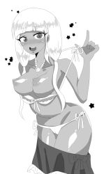 Rule 34 | 1girl, :d, bikini, bikini pull, blush, bow, bow bikini, breasts, cameltoe, cleft of venus, clothes pull, covered erect nipples, danganronpa (series), danganronpa v3: killing harmony, dark-skinned female, dark skin, eyelashes, female focus, greyscale, highres, jewelry, lace, lace-trimmed bikini, lace trim, large breasts, legs, legs together, long hair, long twintails, looking at viewer, monochrome, navel, necklace, nipples, open mouth, pearl necklace, shell, shell necklace, shiny skin, shocora, simple background, skirt, skirt pull, smile, solo, star (symbol), stomach, swimsuit, twintails, white hair, yonaga angie
