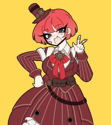 Rule 34 | 1girl, bow, bowtie, detached sleeves, dress, grey eyes, hand up, hat, kekeken, long sleeves, looking at viewer, mini hat, mini top hat, open mouth, project moon, red bow, red bowtie, red dress, red hair, red hat, short hair, simple background, smile, solo, the distortion detective, top hat, v, yellow background, yuria (project moon)
