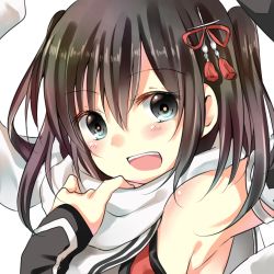Rule 34 | 10s, 1girl, :d, amanayori, armpits, bare shoulders, black eyes, black hair, blush, close-up, elbow gloves, gloves, hair ornament, kantai collection, looking at viewer, open mouth, sailor collar, scarf, sendai (kancolle), sendai kai ni (kancolle), short hair, simple background, smile, solo, two side up, white background, white scarf
