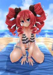 Rule 34 | 1girl, all fours, bangle, beach mat, bikini, black bow, blue eyes, blush, bow, bracelet, breasts, bridal garter, closed mouth, cloud, collarbone, day, drill hair, frilled bikini, frills, full body, hair between eyes, hair bow, head tilt, highres, jewelry, large breasts, leaning forward, lens flare, long hair, looking at viewer, outdoors, parted lips, red hair, shadow, shibuya (sousei6756), sky, solo, swimsuit, twin drills, venus eleven vivid!, water, wrist cuffs, yahari matoi