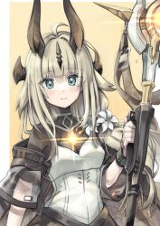Rule 34 | 1girl, absurdres, ahoge, arknights, black bodysuit, blue eyes, bodysuit, breasts, dragon girl, dragon horns, dress, glowing, highres, holding, holding staff, horns, infection monitor (arknights), light blush, long hair, looking at viewer, official alternate costume, reed (arknights), reed the flame shadow (arknights), see-through, semi colon, short sleeves, simple background, small breasts, smile, solo, staff, upper body, white dress, yellow background
