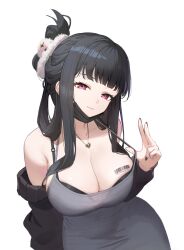 Rule 34 | 1girl, angcha, barcode, barcode tattoo, black bra, black hair, black jacket, blunt bangs, bra, breasts, cleavage, clothes pull, commentary request, d (killer wife) (nikke), d (nikke), dress, dress pull, folded ponytail, goddess of victory: nikke, grey dress, hair ornament, hair scrunchie, heart, heart necklace, highres, jacket, jewelry, korean commentary, large breasts, long hair, looking at viewer, mask, mouth mask, necklace, open clothes, open jacket, red eyes, scrunchie, simple background, smile, solo, tattoo, underwear, white background