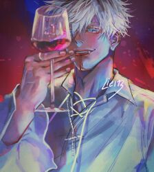 alcohol blood blue_eyes colored_eyelashes cross crucifix cup drinking_glass fangs gojou_satoru highres holding holding_cup jewelry jujutsu_kaisen lie173 ring shirt smile tongue tongue_out vampire white_hair white_shirt wine wine_glass