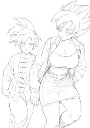 Rule 34 | 1boy, 1girl, belt, boots, breasts, chinese clothes, cleavage, dragon ball, dragonball z, eye contact, genderswap, genderswap (mtf), highres, holding hands, jacket, kkkkkirrier, large breasts, lineart, looking at another, medium breasts, miniskirt, mother and son, shirt, simple background, skirt, son gohan, son goku, spiked hair, super saiyan, white background