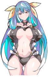 Rule 34 | 1girl, belt, blue hair, breasts, brown eyes, center opening, choker, dizzy (guilty gear), enpe, gluteal fold, guilty gear, guilty gear x, guilty gear xx, hair ribbon, highres, large breasts, long hair, looking at viewer, navel, red eyes, ribbon, sideboob, simple background, smile, solo, twintails, very long hair, white background, yellow ribbon