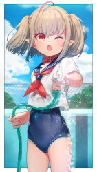 Rule 34 | 1girl, ahoge, blue one-piece swimsuit, blush, border, cameltoe, chain-link fence, cloud, collar, empty pool, fence, grey hair, highres, holding, holding hose, hose, looking at viewer, makaino ririmu, medium hair, multicolored hair, neckerchief, nijisanji, one-piece swimsuit, one eye closed, open mouth, outdoors, pointy ears, pool, red collar, red eyes, red hair, red neckerchief, sabamen, sailor collar, see-through, shirt, short sleeves, sky, solo, spraying, swimsuit, swimsuit under clothes, tree, twintails, two-tone hair, virtual youtuber, water, wet, wet clothes, wet shirt, white border, white shirt