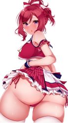 Rule 34 | 1girl, absurdres, armband, ass, back, braid, breasts, cameltoe, cheerleader, commentary request, crop top, curvy, frilled skirt, frills, hair between eyes, hair ribbon, harukasu (mememememo), highres, looking at viewer, love live!, medium breasts, nishikino maki, panties, purple eyes, red hair, red panties, red shirt, red skirt, ribbon, shirt, side-tie panties, sidelocks, simple background, skindentation, skirt, solo, thighhighs, thighs, twisted torso, underwear, white background, white thighhighs, wrist cuffs