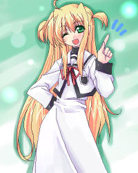 Rule 34 | 00s, 1girl, ;d, ^^^, ahoge, arisa bunnings, blush, capelet, contrapposto, ichino, index finger raised, long sleeves, looking at viewer, lowres, lyrical nanoha, mahou shoujo lyrical nanoha, one eye closed, open mouth, purple eyes, red ribbon, ribbon, school uniform, sidelocks, smile, solo, standing, two side up