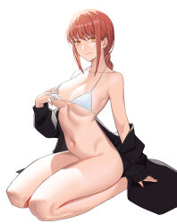 Rule 34 | 1girl, absurdres, bare shoulders, bikini, bikini top only, bottomless, chainsaw man, commentary request, highres, long hair, looking at viewer, makima (chainsaw man), navel, off shoulder, red hair, seiza, simple background, sitting, smile, solo, stomach, swimsuit, thighs, white background, yellow eyes, yeming (yeming0529)