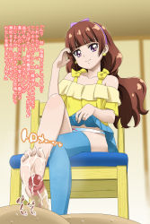 Rule 34 | 1girl, amanogawa kirara, barefoot, blue thighhighs, brown hair, censored, clothes lift, crossed legs, cum, cum on body, cum on feet, cum on lower body, earrings, feet, femdom, footjob, go! princess precure, hairband, jewelry, lifted by self, long hair, looking at viewer, mosaic censoring, nekomimi kanon, panties, penis, precure, purple eyes, single thighhigh, sitting, skirt, skirt lift, smile, solo, solo focus, star (symbol), star earrings, thighhighs, toes, translated, underwear