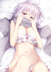 Rule 34 | 1girl, bare shoulders, bikini, blush, bra, breasts, cleavage, commentary request, frilled bikini, frills, grey scarf, gridman universe, highres, knee up, large breasts, light purple hair, looking at viewer, lying, navel, on back, panties, purple eyes, revision, scarf, shinjou akane, short hair, solo, ssss.gridman, swimsuit, tomifumi, underwear, white bikini