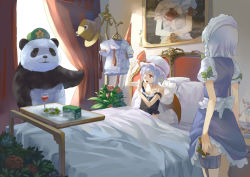 Rule 34 | 2girls, 77gl, bat wings, bed, blue hair, camisole, cheese, dazzled, female focus, figure, flower, food, hat, holster, hong meiling, hong meiling (panda), izayoi sakuya, knife, maid, multiple girls, panda, panda cheese, parody, photo (object), polearm, portrait, product placement, pyonta, red eyes, remilia scarlet, scarlet devil mansion, short hair, spear, spear the gungnir, strap slip, thigh holster, throwing knife, touhou, weapon, wings