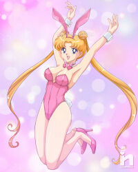 Rule 34 | 1girl, animal ears, bishoujo senshi sailor moon, blonde hair, blue eyes, breasts, commission, covered erect nipples, full body, happy, legs, leotard, medium breasts, nipples, open mouth, pink background, pink footwear, playboy bunny, rabbit ears, rabbit tail, sailor moon, saotome nanda, simple background, solo, tail, tsukino usagi
