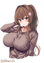 Rule 34 | 1girl, blush, breasts, brown eyes, brown hair, brown sweater, closed mouth, collarbone, ebifurya, flower, hair between eyes, hair flower, hair intakes, hair ornament, highres, kantai collection, large breasts, long hair, long sleeves, looking at viewer, one-hour drawing challenge, ponytail, ribbed sweater, simple background, smile, solo, sweater, twitter username, upper body, very long hair, white background, yamato (kancolle)