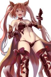 Rule 34 | 1girl, :d, animal ears, armor, bikini armor, bow, bowtie, breasts, cape, cerberus, cerberus (shingeki no bahamut), claw pose, crossed bangs, dog ears, dog girl, elbow gloves, fangs, from below, gauntlets, gloves, granblue fantasy, highres, leg ribbon, long hair, medium breasts, navel, open mouth, panties, red bow, red bowtie, red hair, ribbon, sail (sail-away), shingeki no bahamut, smile, solo, thigh ribbon, thighhighs, thighs, twintails, underwear, white background