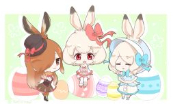 Rule 34 | 10s, 3girls, :3, = =, adapted costume, albino, animal ears, aqua bow, aqua bowtie, arctic hare (kemono friends), arms at sides, black footwear, black hat, blue footwear, blue ribbon, blush, bonnet, boots, border, bow, bowtie, brown eyes, brown gloves, brown hair, brown legwear, buttons, capelet, chibi, closed eyes, commentary request, cross-laced clothes, cross-laced footwear, dress, easter, easter egg, egg, european hare (kemono friends), floral background, frilled shirt, frills, full body, fur-trimmed boots, fur-trimmed capelet, fur-trimmed shorts, fur-trimmed sleeves, fur collar, fur trim, gloves, gradient hair, green background, hair ornament, hair over one eye, hair ribbon, hat, hat ribbon, heart, heart print, jitome, juliet sleeves, kemono friends, knee boots, lace-up boots, lolita fashion, long hair, long sleeves, looking at viewer, mini hat, mini person, mini top hat, minigirl, mountain hare (kemono friends), multicolored hair, multiple girls, neck ribbon, open mouth, pantyhose, pantyhose under shorts, pastel colors, pink bow, pink footwear, pink neckwear, platinum blonde hair, puffy shorts, puffy sleeves, rabbit ears, rabbit girl, rabbit tail, red eyes, red ribbon, ribbon, ringlets, shiny skin, shirt, short hair, shorts, sitting, smile, smug, standing, striped, swept bangs, tail, tareme, tatsuno newo, thighhighs, top hat, twitter username, two-tone hair, white border, white hair, white legwear, white shirt, white shorts