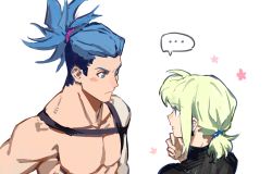 Rule 34 | ..., 2boys, androgynous, asymmetrical hair, blue eyes, blue hair, blush, collarbone, galo thymos, green hair, hanezo, lio fotia, looking at another, male focus, multiple boys, muscular, muscular male, pectorals, ponytail, promare, short hair, sidecut, sidelocks, simple background, speech bubble, topless male, undercut, white background