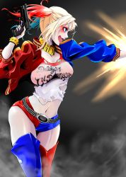 Rule 34 | 1girl, batman (series), blonde hair, blue eyes, blue hair, boots, breasts, dc comics, gun, harley quinn, highres, jacket, lipstick, long hair, makeup, multicolored hair, suicide squad, thigh boots, thighhighs, twintails, weapon