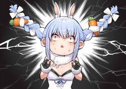Rule 34 | 1girl, animal ears, black background, black bra, black gloves, blue hair, bra, braid, breasts, carrot hair ornament, constricted pupils, don-chan (usada pekora), food-themed hair ornament, fur-trimmed gloves, fur trim, gloves, hair ornament, hands up, highres, hololive, looking at viewer, mikan (chipstar182), multicolored hair, nervous sweating, newtype flash, rabbit ears, red eyes, small breasts, solo, sweat, triangle mouth, twin braids, twintails, two-tone hair, underwear, upper body, usada pekora, usada pekora (1st costume), virtual youtuber, white hair, wide-eyed