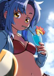 Rule 34 | 1girl, ball, beachball, bikini, blue hair, blue jacket, blue sky, braid, breasts, brown eyes, cloud, copyright request, day, drinking, holding, jacket, long hair, looking at viewer, navel, open clothes, open jacket, outdoors, ponytail, red bikini, reiesu (reis), signature, sky, small breasts, solo, swimsuit, upper body, wide-eyed