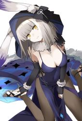 Rule 34 | 1girl, animal ears, black gloves, black pantyhose, blue dress, blunt bangs, breasts, cleavage, copyright request, covered navel, dress, elbow gloves, facial mark, fingerless gloves, from above, gloves, grey hair, hat, head tilt, high heels, large breasts, long hair, ningen (ningen96), pantyhose, parted lips, pelvic curtain, sitting, solo, yellow eyes