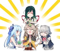 Rule 34 | 4girls, blue hair, bow, bowl, brown hair, closed eyes, cup, dress, food, food request, green hair, grey hair, hair bow, hitogome, holding, holding bowl, holding cup, jacket, kasukabe tsumugi, koharu rikka, kotonoha aoi, long hair, long sleeves, mini flag, mint chocolate, multiple girls, open clothes, open jacket, open mouth, pink bow, pouring, red eyes, rice, sleeveless, sleeveless dress, sleeves rolled up, smile, spoon, sunburst, touhoku zunko, upper body, voiceroid, voicevox