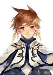 Rule 34 | 10s, 1boy, bad id, bad pixiv id, brown hair, earrings, feathers, green eyes, highres, jewelry, kamokasa, male focus, shawl, shirt, smile, solo, sorey (tales), tales of (series), tales of zestiria, white background