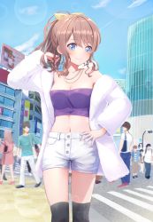 Rule 34 | 1girl, bang dream!, blush, breasts, brown hair, city, cleavage, commission, cowboy shot, crop top, earrings, extra, hand in own hair, hand on own hip, hand up, highres, izu (tea value lord), jacket, jewelry, looking at viewer, midriff, nail polish, navel, off shoulder, outdoors, pink nails, pixiv commission, ponytail, purple tube top, short shorts, shorts, smile, solo focus, star (symbol), star earrings, strapless, tube top, white jacket, white shorts, yamabuki saya