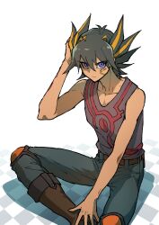 Rule 34 | 1boy, absurdres, belt, black hair, black tank top, blue eyes, boots, brown footwear, checkered floor, facial mark, fudo yusei, hand on own head, highres, knee pads, leather belt, looking at viewer, male focus, multicolored hair, pants, serious, shadow, shirt, short hair, simple background, sitting, sleeveless, solo, spiked hair, streaked hair, tank top, youko-shima, yu-gi-oh!, yu-gi-oh! 5d&#039;s