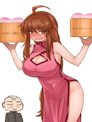 Rule 34 | 1boy, 1girl, ahoge, alternate breast size, bamboo steamer, bare arms, bare legs, breasts, brown eyes, brown hair, china dress, chinese clothes, cleavage, cleavage cutout, clothing cutout, dress, grey hair, highres, large breasts, lei kuugo, live a live, master shinzanken, old, old man, pink dress, sleeveless, sleeveless dress, steamingtofu, tangzhuang