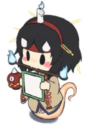 Rule 34 | androgynous, black hair, candle, fangs, fire, fire, gender request, ghost, ghost tail, hairband, horns, japanese clothes, kimono, lamp, len&#039;en, mouth hold, short hair, solo, taira no chouki, transparent background, yuejiao tuan