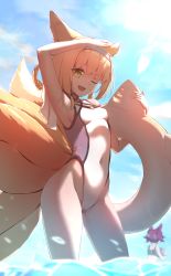 Rule 34 | 1girl, 2girls, ;d, absurdres, adapted costume, animal ears, arknights, arm up, armpits, bare arms, bare hips, bare shoulders, blonde hair, blue hairband, blue sky, blush, braid, braided hair rings, breasts, covered navel, cowboy shot, day, fox ears, fox girl, fox tail, hair rings, hairband, hand on own head, highleg, highleg swimsuit, highres, holding, holding swim ring, innertube, lens flare, looking at viewer, multiple girls, multiple tails, one eye closed, open mouth, outdoors, pink hair, rada (aw waffle), shamare (arknights), sideboob, sky, small breasts, smile, solo focus, sunlight, suzuran (arknights), swim ring, swimsuit, tail, thighs, wading, water, yellow eyes