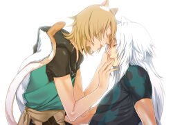 Rule 34 | 2boys, animal ears, blue eyes, cat boy, cat ears, cat tail, closed eyes, commentary, couple, facing another, from side, intertwined tails, konoe (lamento), lamento, long hair, male focus, multiple boys, ninoude, profile, rai (lamento), short hair, smile, tail, toned, toned male, tunic, upper body, white background, white hair, yaoi