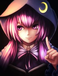 Rule 34 | 1girl, book, crescent, fixelcat, frilled sleeves, frills, glowing, hair over shoulder, hood, index finger raised, koumajou densetsu, long hair, long sleeves, looking away, neck ribbon, patchouli knowledge, purple eyes, purple hair, purple ribbon, ribbon, smile, solo, touhou, upper body, wide sleeves