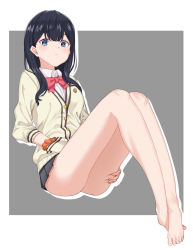 Rule 34 | 10s, 1girl, ass, ass grab, barefoot, black hair, black skirt, blue eyes, blush, bow, cardigan, closed mouth, collared shirt, crossed ankles, deep skin, feet, full body, grabbing own ass, gridman universe, hair over shoulder, hand in pocket, hayarob, highres, invisible chair, legs, long hair, long sleeves, looking at viewer, microskirt, pleated skirt, red bow, school uniform, scrunchie, shirt, sitting, skirt, solo, ssss.gridman, takarada rikka, thighs, white cardigan, white shirt, wrist scrunchie