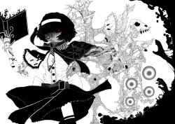 Rule 34 | 1girl, abstract, absurdres, alice margatroid, black hair, book, capelet, cross, doll joints, female focus, glowing, glowing eyes, greyscale, hair over one eye, hairband, highres, joints, monochrome, red eyes, skull, solo, spot color, teihen no kimura, touhou