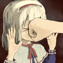 Rule 34 | &gt; &lt;, 1girl, alice margatroid, bad id, bad pixiv id, blonde hair, closed eyes, face punch, female focus, hairband, in the face, kyono, meme, punching, solo, touhou