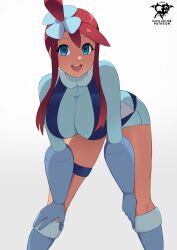 Rule 34 | blue eyes, boots, breasts, creatures (company), game freak, gloves, hands on own knees, highres, kaos art, large breasts, leaning forward, long hair, long sleeves, looking at viewer, nintendo, pokemon, pokemon bw, red hair, shorts, skyla (pokemon), smile, teeth, upper teeth only