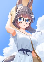 Rule 34 | 1girl, :o, absurdres, animal ears, armpits, bag, between breasts, blue eyes, blush, braid, braided ponytail, breasts, cloud, crown braid, dress, factory314, hand on headwear, hat, highres, horse ears, horse girl, horse tail, large breasts, long hair, looking at viewer, off-shoulder dress, off shoulder, open mouth, outdoors, shoulder bag, solo, strap between breasts, sun hat, sweat, tail, umamusume, upper body, white dress, zenno rob roy (umamusume)