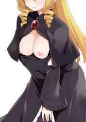 1girl arm_under_breasts black_dress blonde_hair blush breasts breasts_out brooch cleavage commentary_request dress drill_hair hayate_no_gotoku! head_out_of_frame highres jewelry long_hair medium_breasts morisobo nipples simple_background tennousu_athena twin_drills wavy_mouth white_background