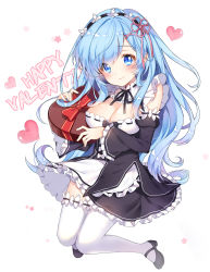 Rule 34 | 10s, 1girl, alternate breast size, alternate hair length, alternate hairstyle, black footwear, blue eyes, blue hair, blush, breasts, cleavage, detached sleeves, dress, gift, hair ornament, hair ribbon, happy valentine, headdress, highres, holding, holding gift, large breasts, long hair, looking at viewer, maid, pingo, re:zero kara hajimeru isekai seikatsu, rem (re:zero), ribbon, shoes, simple background, smile, solo, thighhighs, white thighhighs, x hair ornament