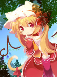 Rule 34 | 1girl, adapted costume, alternate wings, animal ears, arm warmers, bad id, bad pixiv id, bikini, blonde hair, bow, cat ears, cat girl, cat tail, female focus, finger to mouth, flandre scarlet, hat, hat with ears, heart, heart-shaped pupils, kemonomimi mode, leaning forward, nochita shin, red eyes, short hair, solo, swimsuit, symbol-shaped pupils, tail, tail bow, tail ornament, embodiment of scarlet devil, touhou, wings