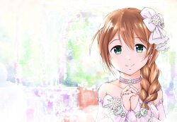 Rule 34 | 1girl, absurdres, arm cuffs, baba konomi, bare arms, bare shoulders, bow, braid, braided ponytail, breasts, brown hair, choker, closed mouth, collarbone, dot nose, dress, flower, frilled choker, frills, green eyes, hair between eyes, hair bow, hair flower, hair ornament, highres, idolmaster, idolmaster million live!, idolmaster million live! theater days, interlocked fingers, looking at viewer, medium breasts, multicolored background, multicolored eyes, negative space, one side up, ooshiro youkou, sleeveless, sleeveless dress, smile, solo, tareme, upper body, white background, white bow, white choker, white dress, white flower