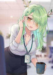Rule 34 | 1girl, antlers, braid, braided bangs, branch, breasts, ceres fauna, cleavage, coffee mug, collarbone, collared shirt, cup, flower, formal, green hair, hair ornament, highres, hololive, hololive english, horns, id card, lanyard, long hair, looking at viewer, mole, mole under eye, mug, office lady, pantyhose, pencil skirt, shirt, skirt, skirt suit, solo, suit, ten-chan (eternal s), virtual youtuber, white shirt, yellow eyes